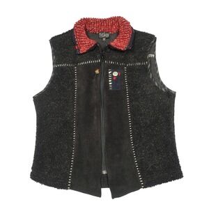 K.d. Spring Vest Women S Rayon Art To Wear Zip Front Knit Collar Black Red 0880